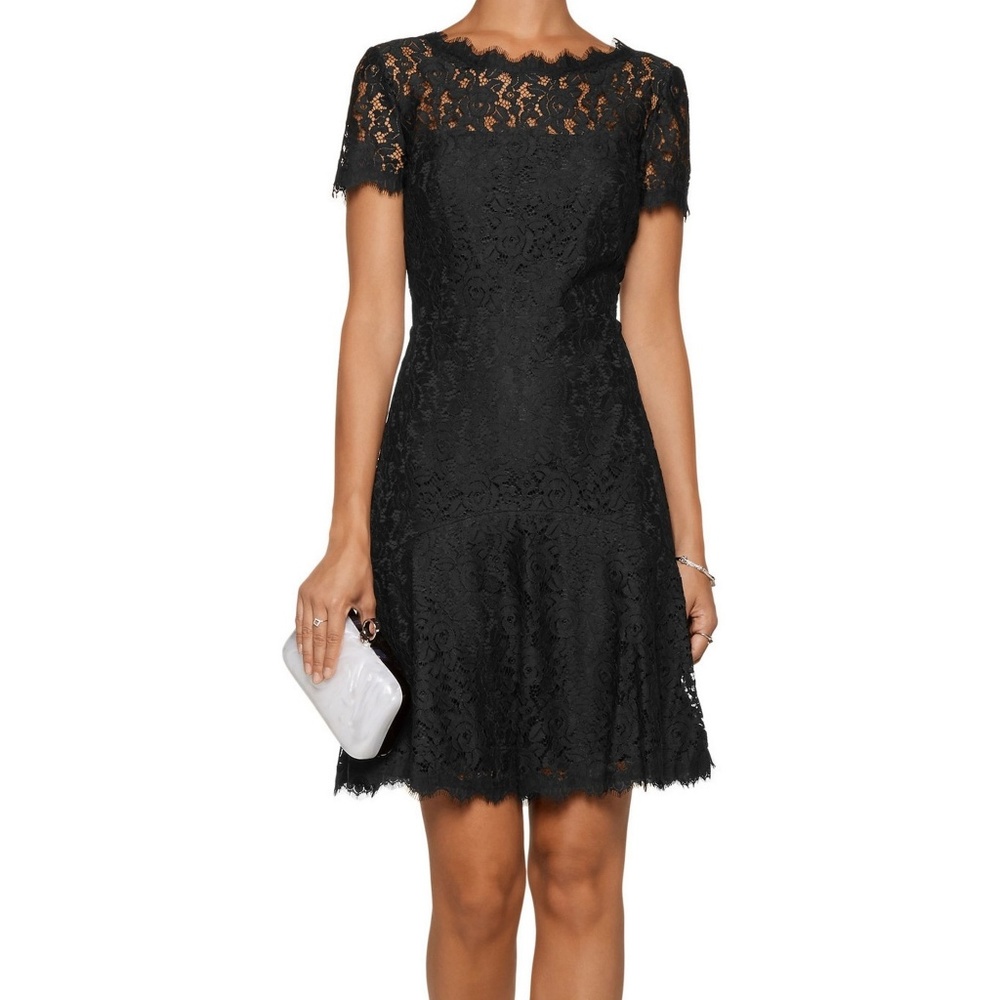NEW Diane von Furstenberg DVF Fifi Lace A-Line Dress Black Size 8 Boat Neck